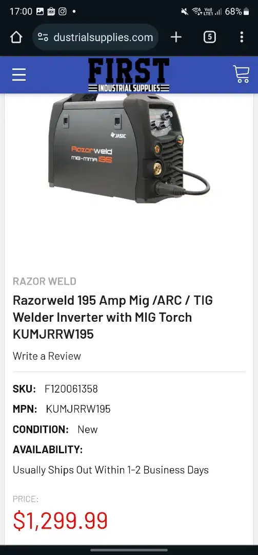 LAS Razorweld 195 Amp Mig /ARC / TIG Welder Inverter with MIG Torch