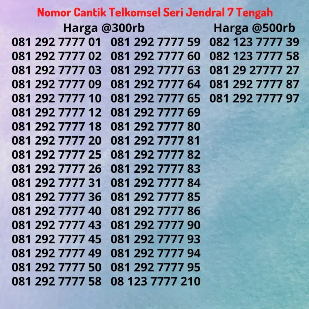 Nomor Cantik Kartu Telkomsel Simpati Seri Jendral 7 / Kwartet 7 / 7777