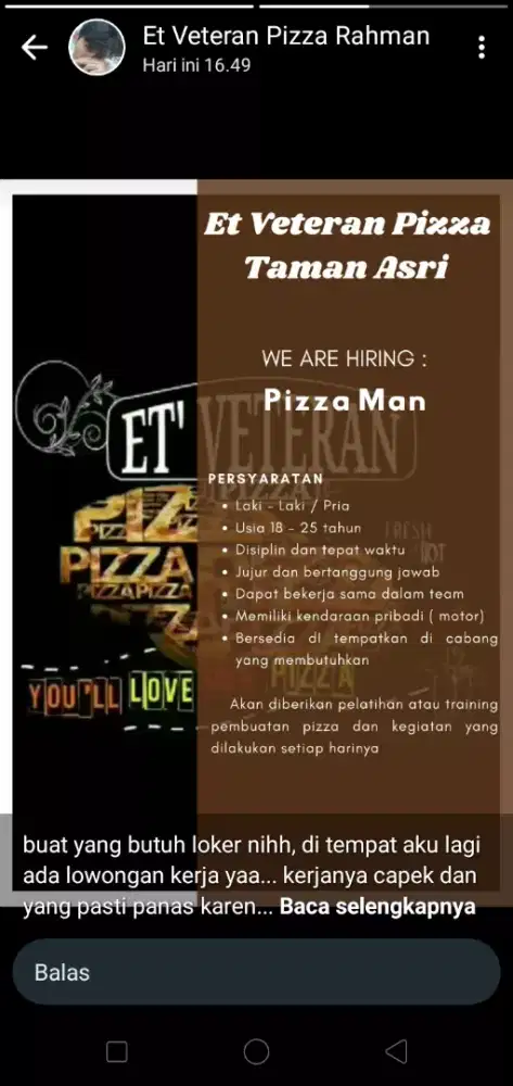 DIBUTUHKAN KARYAWAN UNTUK BEKERJA DI PIZZA