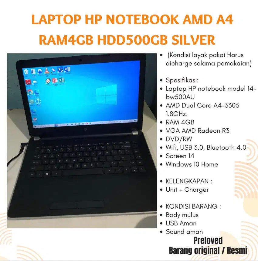 LAPTOP HP NOTEBOOK AMD A4 RAM4GB HDD500GB SILVER PRELOVED