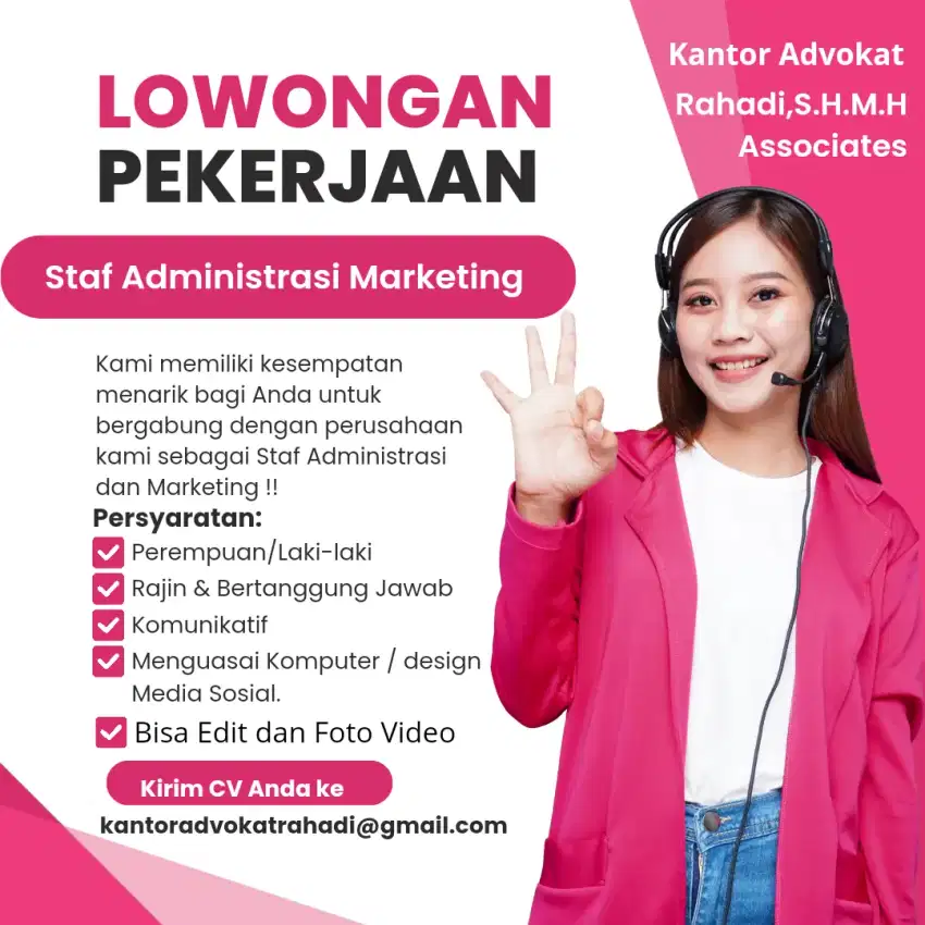 Lowongan Kerja Administrasi dan Digital Marketing, Driver + Umum