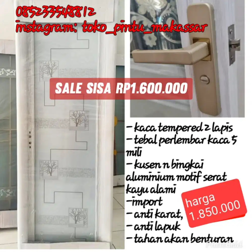 Sale pintu kamar mandi /aluminium /kaca temperred 2 lapis import