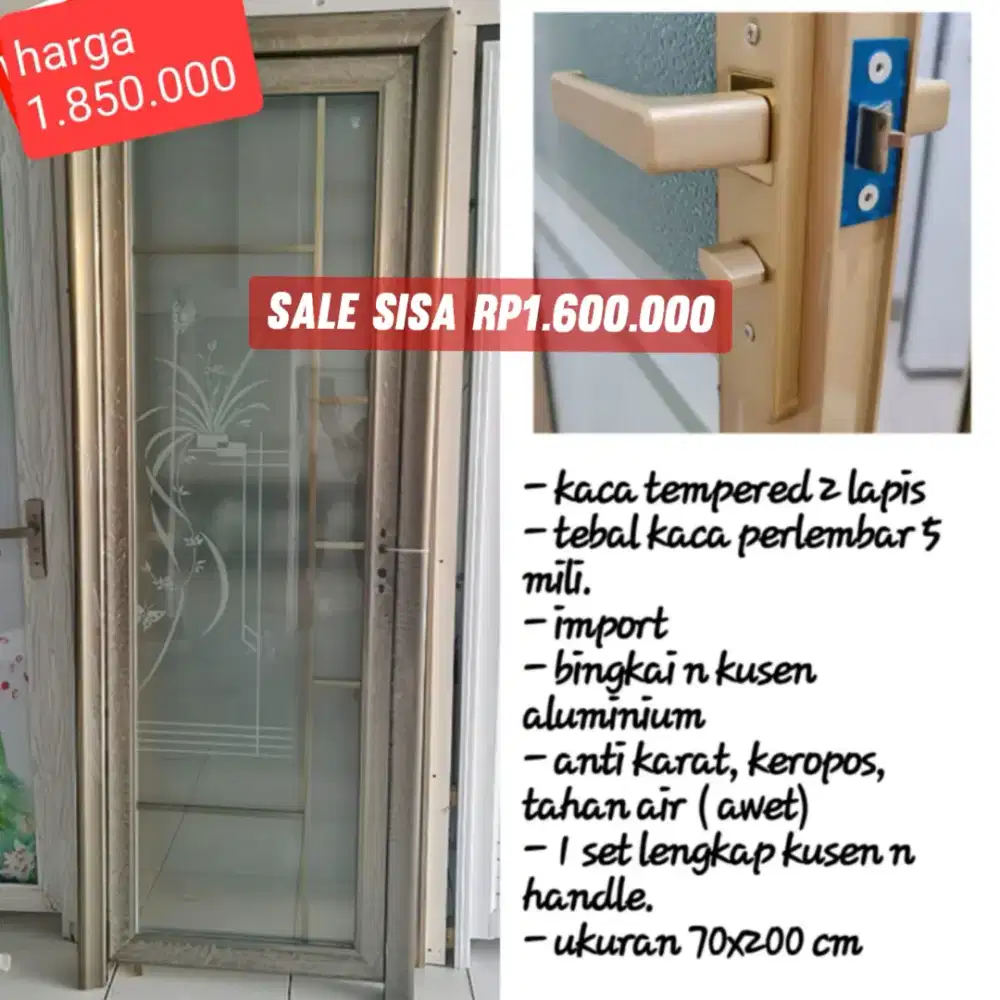 Sale pintu kamar mandi /aluminium /kaca temperred 2 lapis import