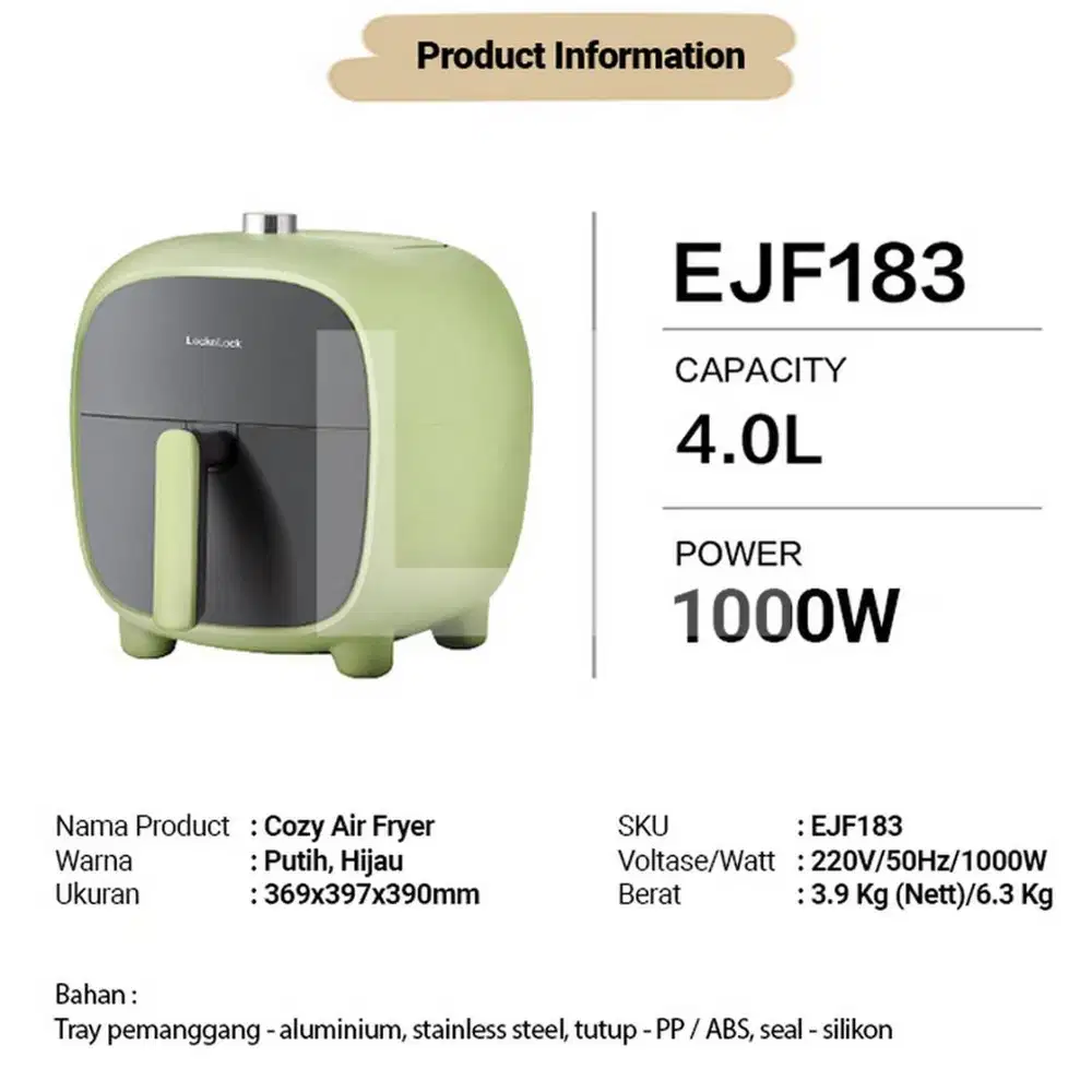 LocknLock Cozy Air Fryer 4L - EJF183 - Green