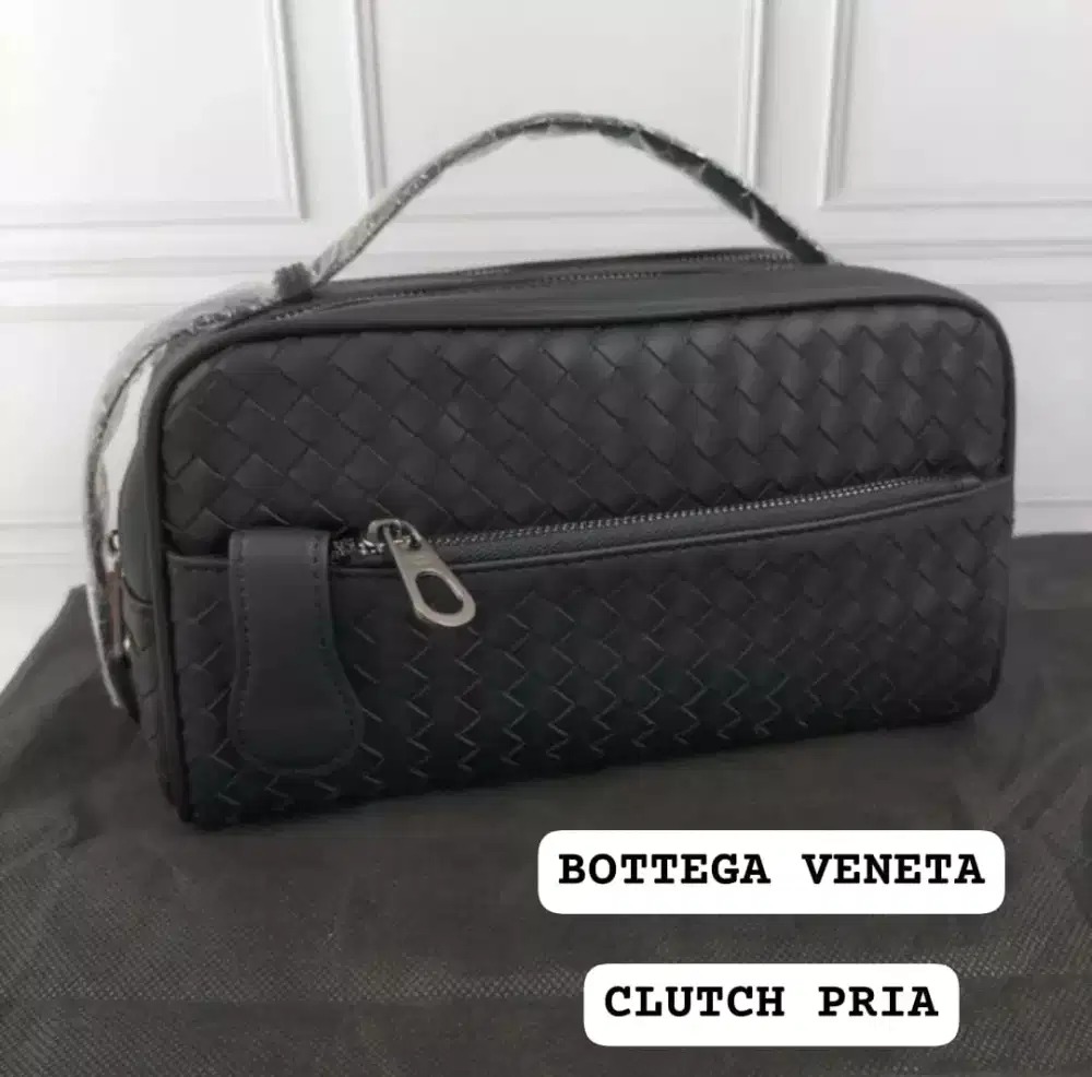 Clutch Bottega Veneta Men Pouch Black Leather Double Zipper Details