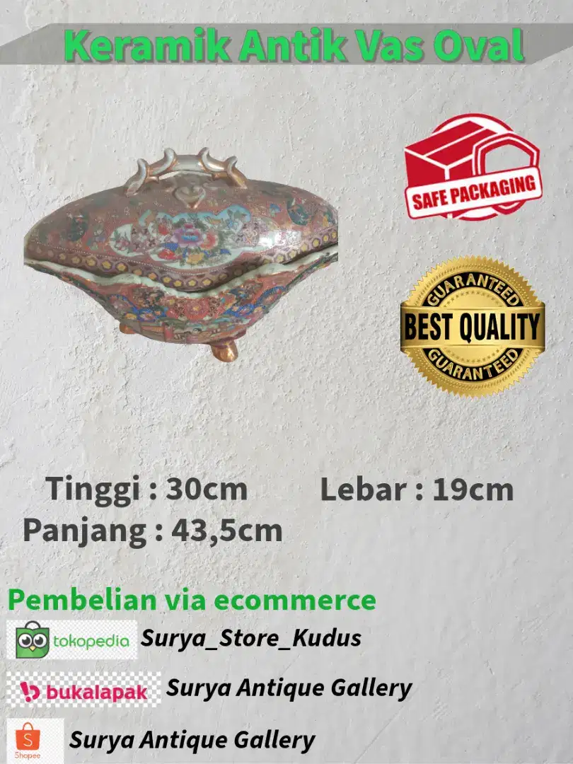 Keramik Antik Vas Oval Motif Emas