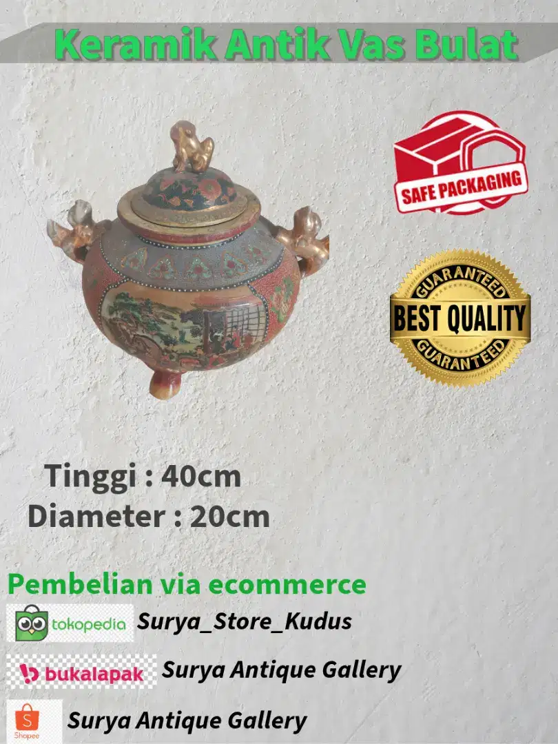 Keramik Antik Vas Bulat Motif Emas