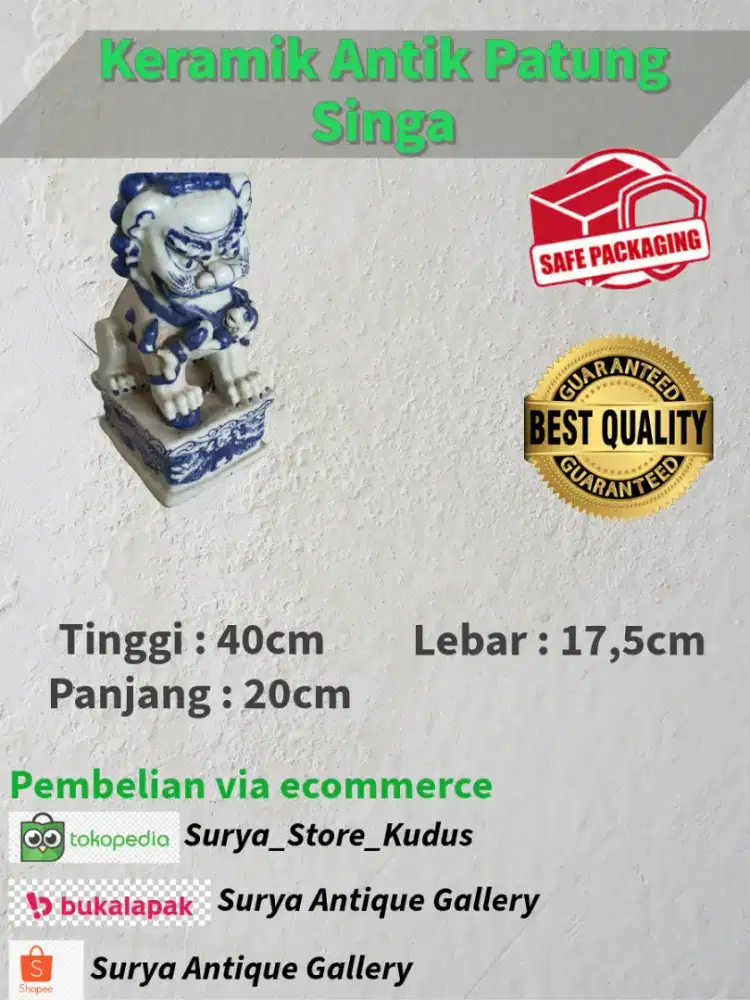 Keramik Antik Patung Singa Biru Putih