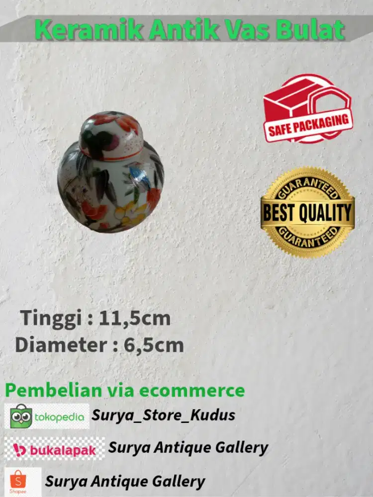 Keramik Antik Teko Bulat Gambar Burung dan Bunga