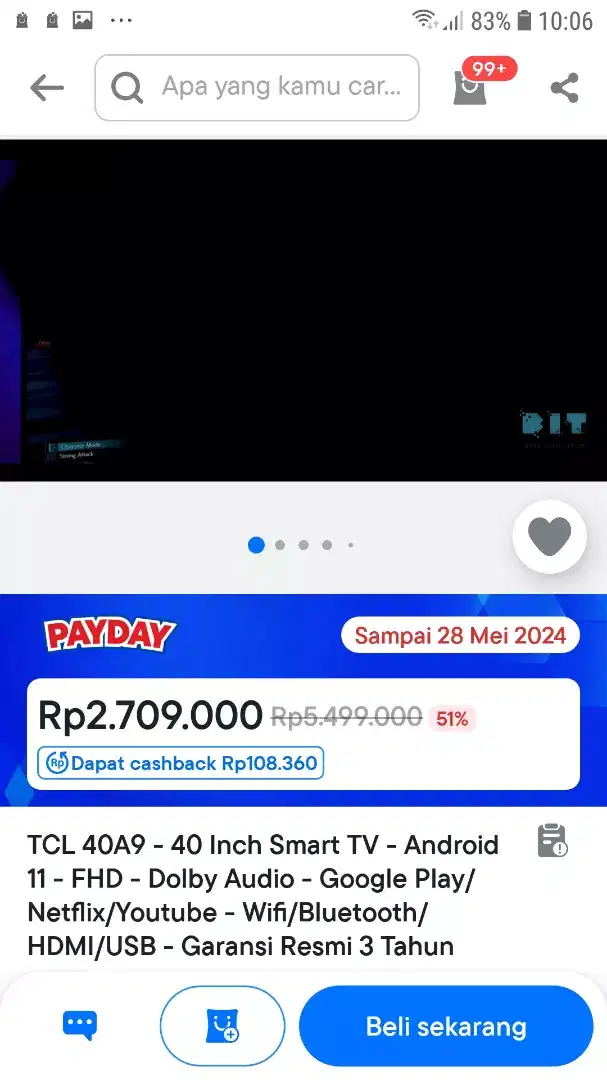 TCL 40A9-40 INCH SMART TB-ANDROID 11-FHD-YOUTUBE-NETFLIX-WIFI-DVTB