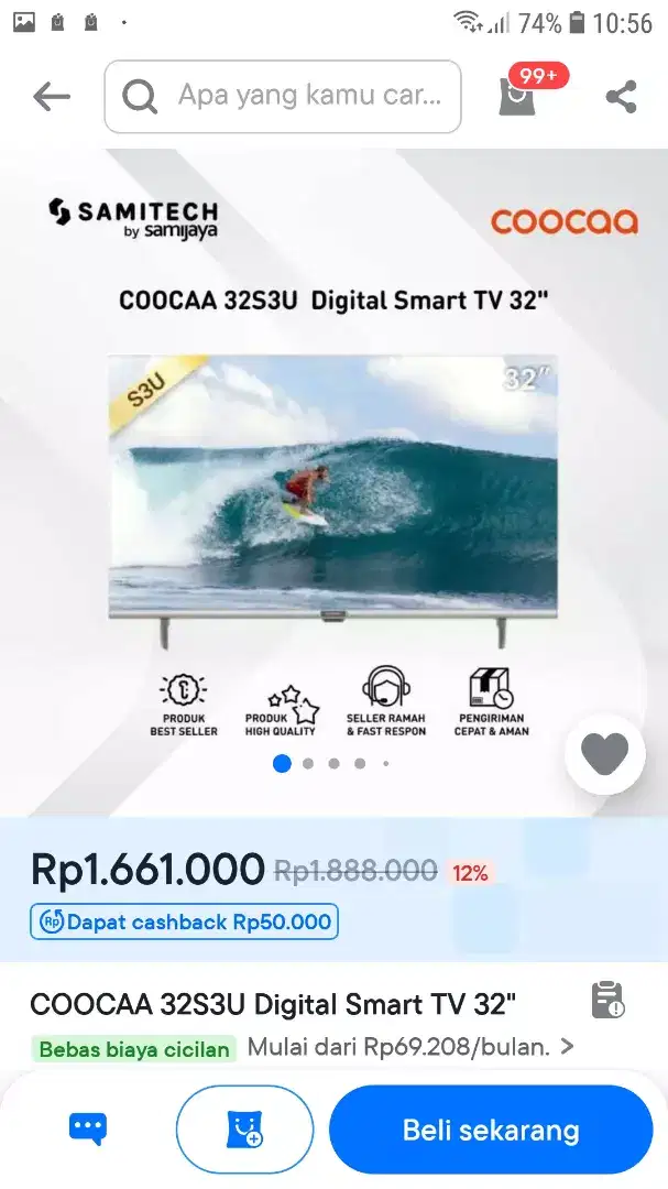 COOCAA 32S3U SMART TV LED 32 INCH-DVTB-YOUTUBE-WIFI-BEZELLESS-HDMI/USB