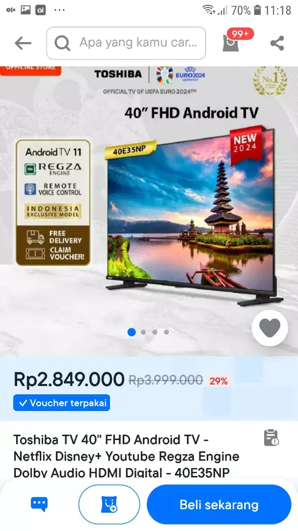 TOSHIBA 40E35NP FHD SMART TV-ANDROID 11-NETFLIX DISNEY YOUTUBE-DVTB