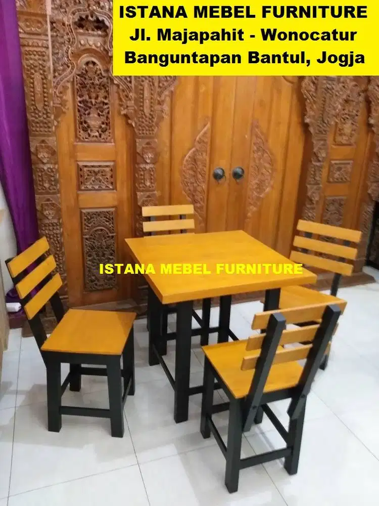 Paket Set Meja Makan Kotak 4 Kursi Warung Cafe Rumah Makan Kayu (ben)