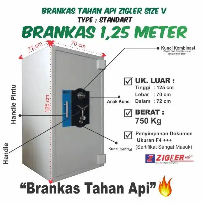 BRANKAS KANTOR RUMAH ZIGLER SAFE 3 TAHAN API tinggi 1 ,25 Meter