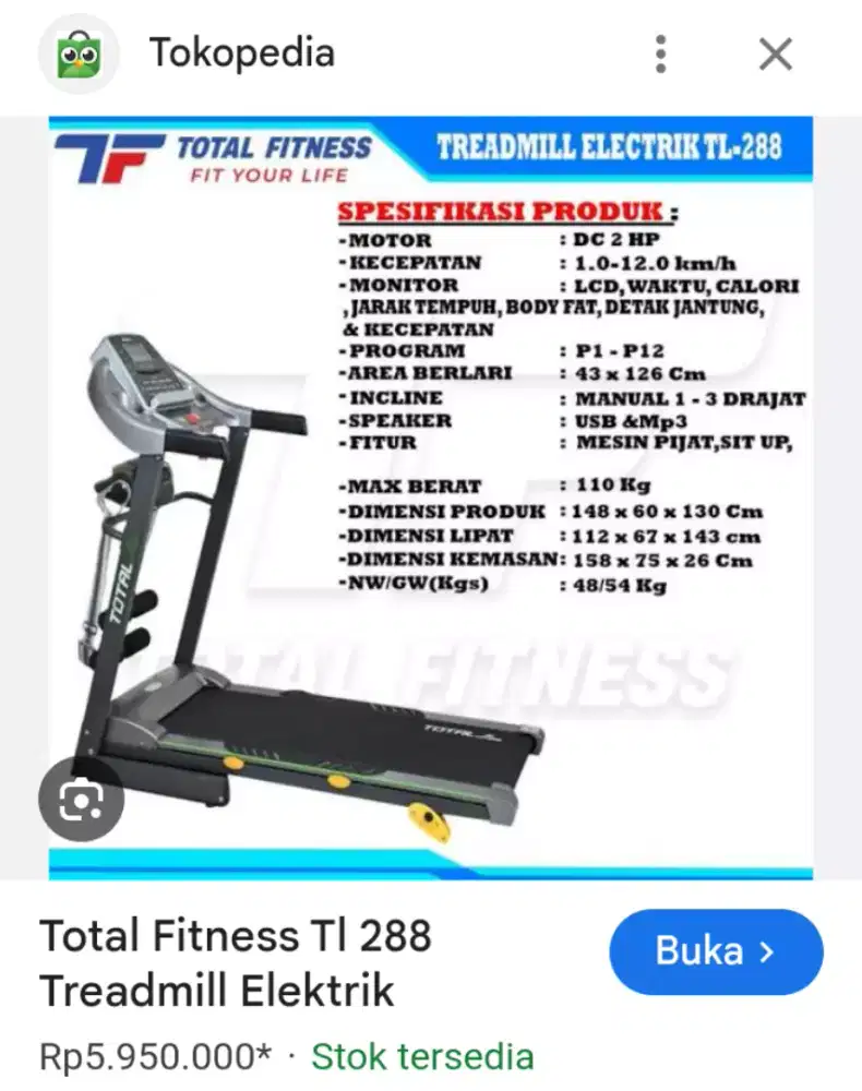 Alat fitnes treadmill elektrik TL 288 warna abu-abu