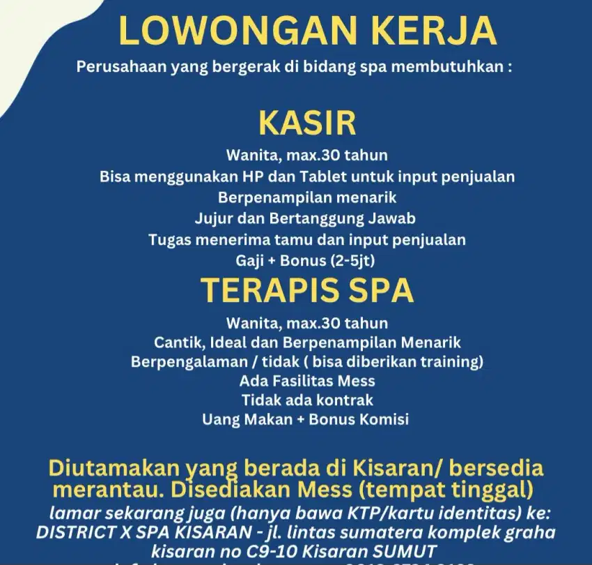 Di butuhkan terapis spa