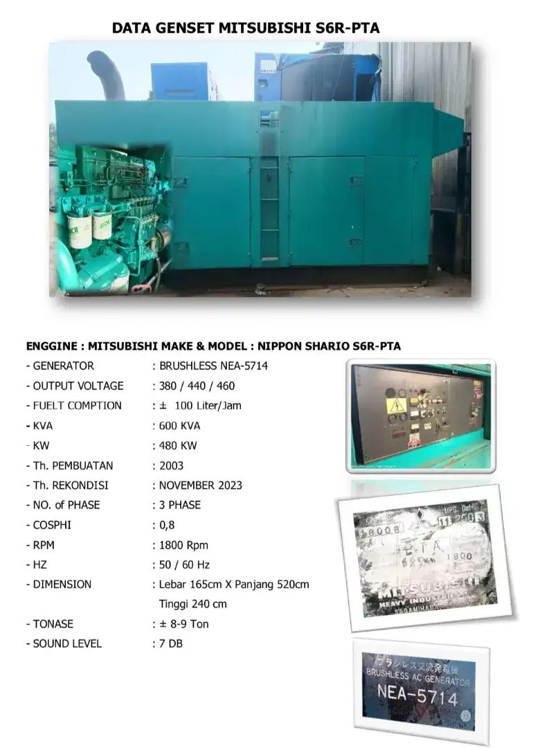 Genset Mitsubishi s6r 500/600kva generator nippon sharyo