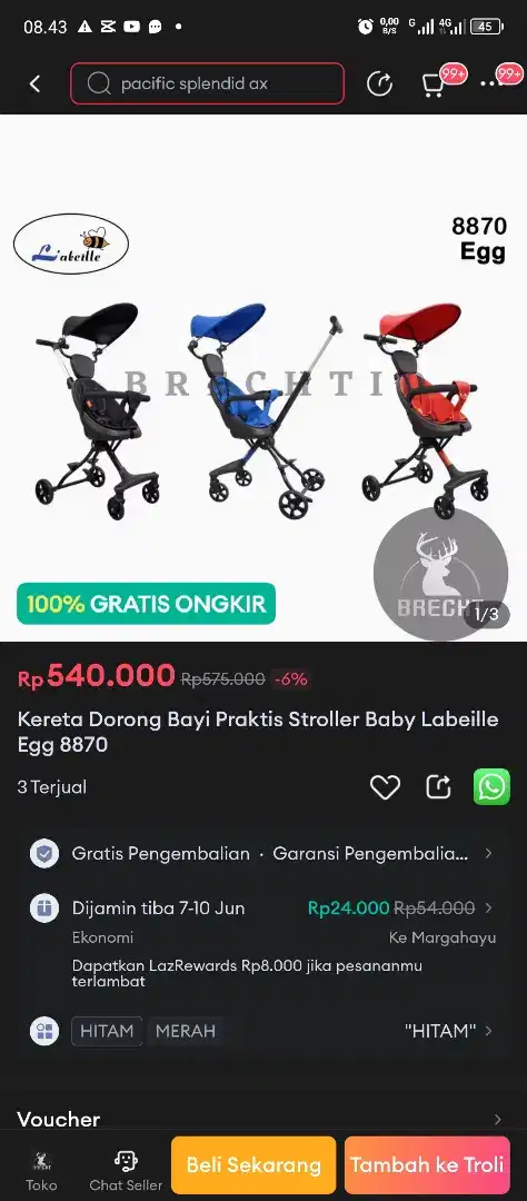 Kereta Dorong Bayi Praktis Stroller Baby Labeille Egg 8870