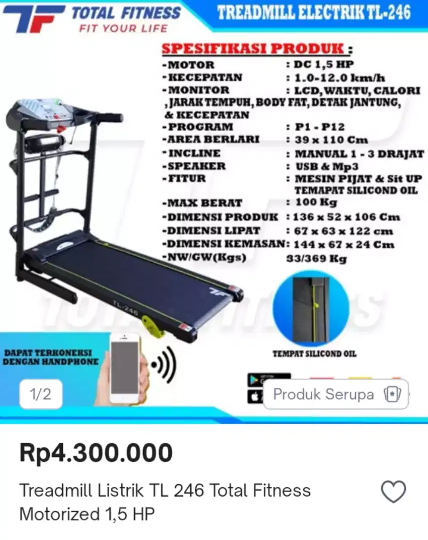 Alat fitness treadmill elektrik tipe tl 246 kokoh