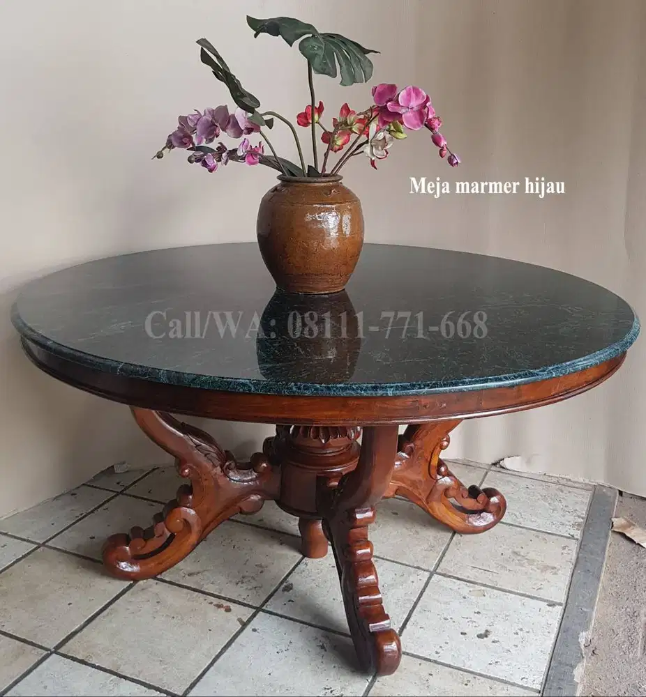 Meja bulat marmer hijau diameter 125cm
