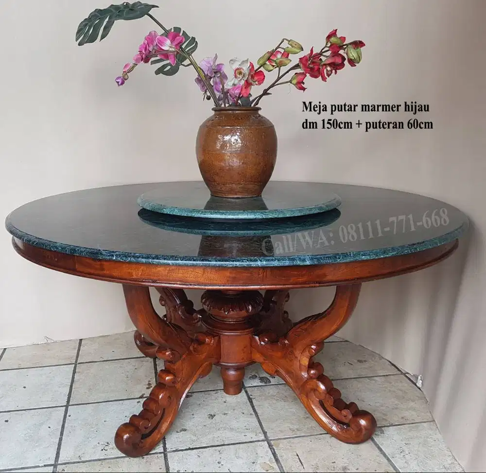 Meja marmer hijau bulat diameter150cm plus puteran 70cm