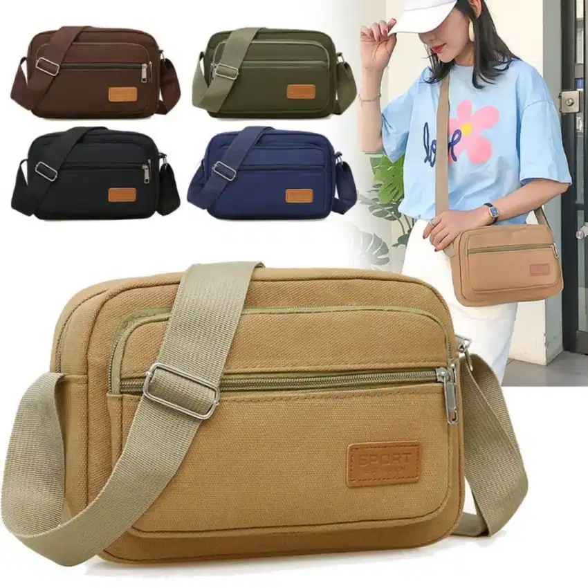 Tas Selempang Kanvas Pria Wanita Organizer Travel Bag (COKLAT TUA)