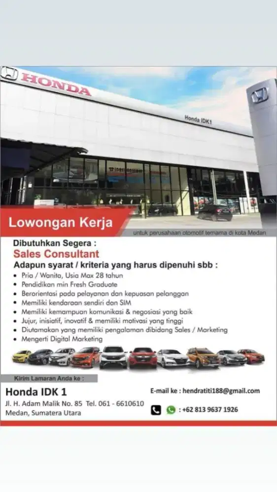 Lowongan kerja Sales Excecutive Di honda idk 1