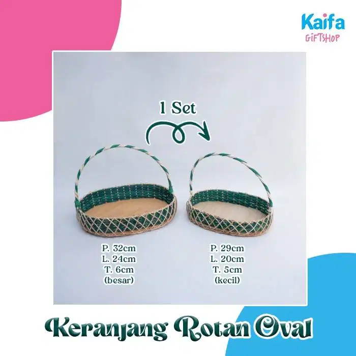 Keranjang Rotan Parcel/Hampers Model Oval Warna Hijau Set (Isi 2)