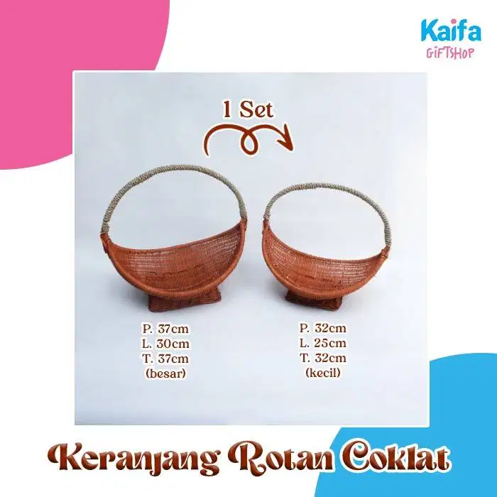 Keranjang Rotan Parcel/Hampers Model Bulat Warna Coklat set (isi 2)