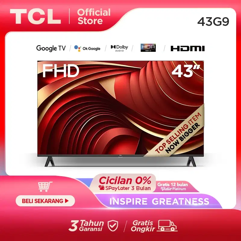 LED TV 43 INCH GOOGLE TV TCL 43G9 FHD smart digital baru resmi