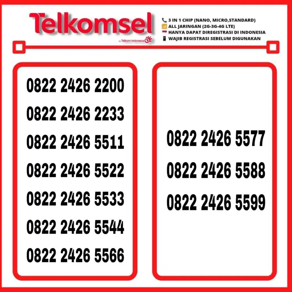 Nomor cantik kartu perdana simpati as loop telkomsel 4g (250rb-350rb)