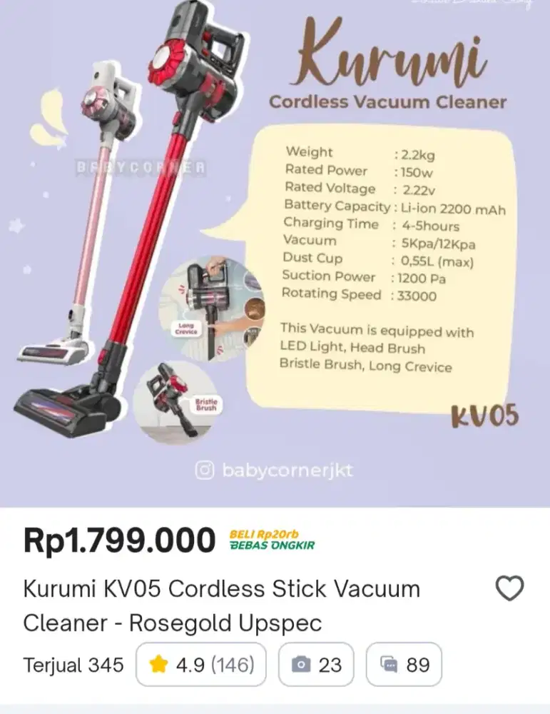 Jual kurumi kv05 Vacuum cleaner cordless