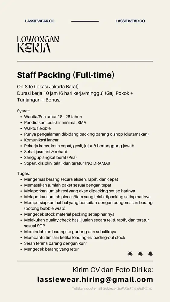 KARYAWAN STAFF PACKING BERPENGALAMAN ONLINE SHOP OLSHOP JAKARTA BARAT