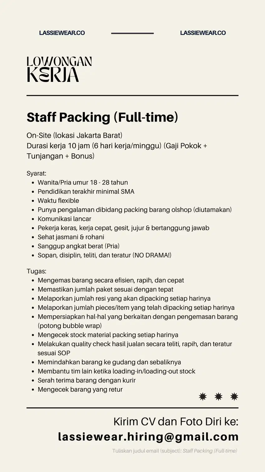 KARYAWAN STAFF PACKING BERPENGALAMAN ONLINE SHOP OLSHOP JAKARTA BARAT