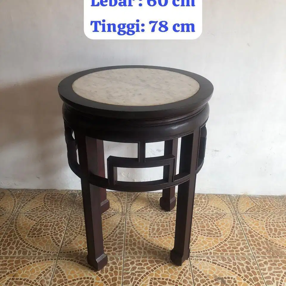 Dijual Meja Bulat marmer putih kayu jati tua diameter 60cm