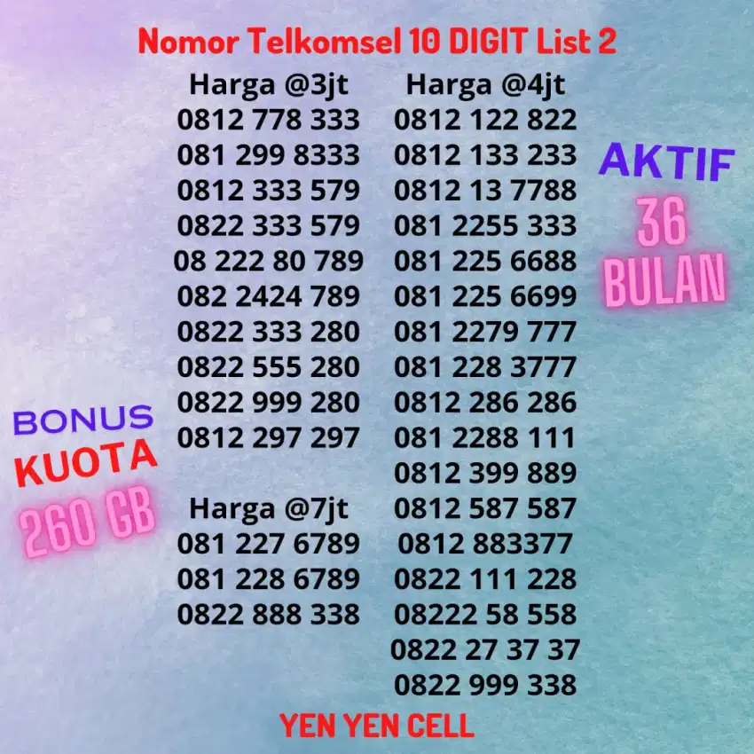 Nomor Cantik Kartu Perdana Telkomsel Seri 10 Digit List 2 Hokky Triple