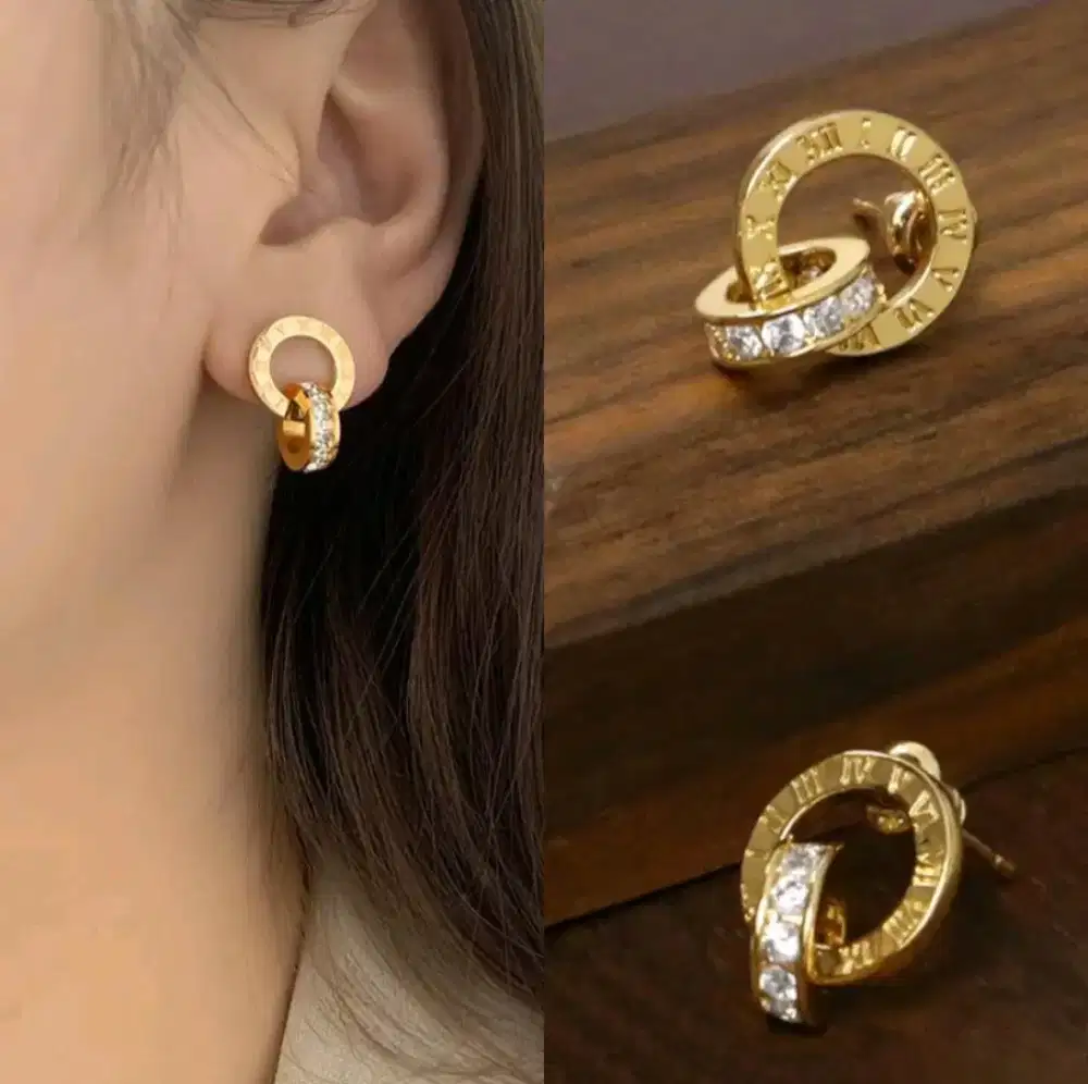 ANTING TITANIUM ANTI KARAT || ANTING TUSUK ROMAWI INLAID FULL ZICRON