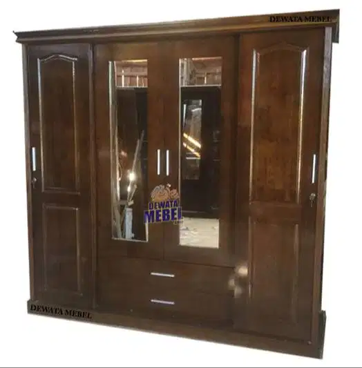 Jual Lemari Pakaian 4 Pintu Sliding Kayu Asli dengan Desain Minimalis