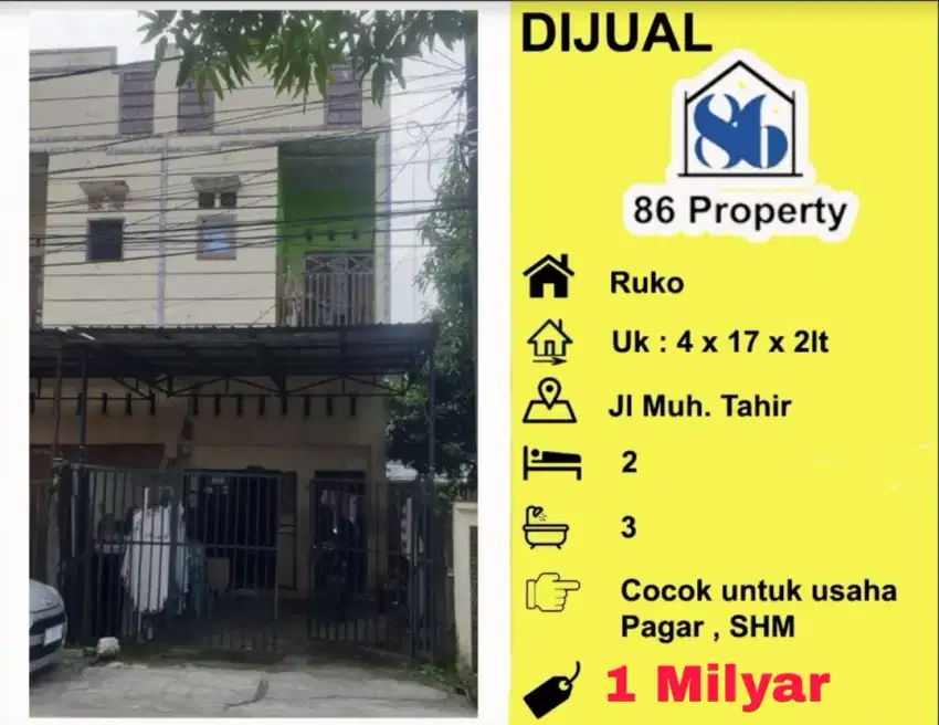 Dijual Ruko Jalan Muhammad Tahir Dekat Kumala dan Dg tata