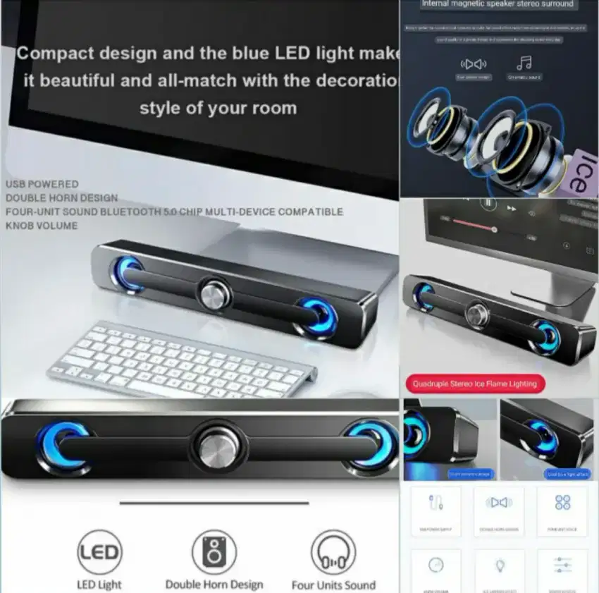 Soundbar Audio Speaker Stereo PC Komputer Desktop Laptop Gaming LED