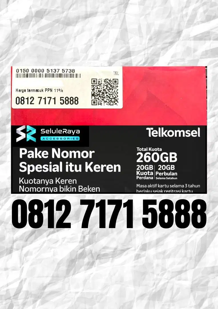 Nomor Cantik Telkomsel bonus kuota 260gb masa aktif kartu 3 tahun