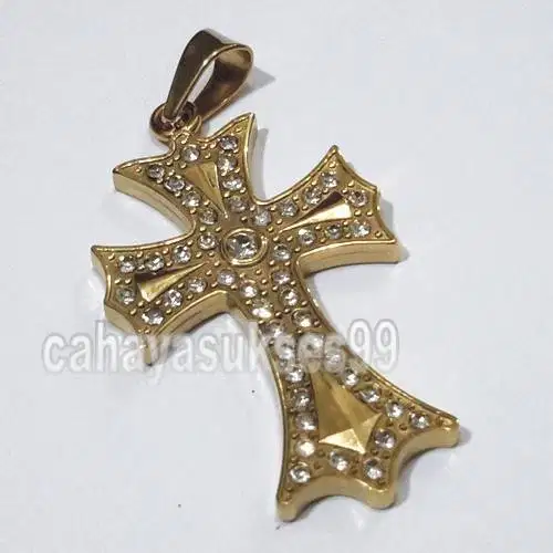 Kalung Salib GOLD Motif Diamond Titanium Steel Cross Necklace Liontin