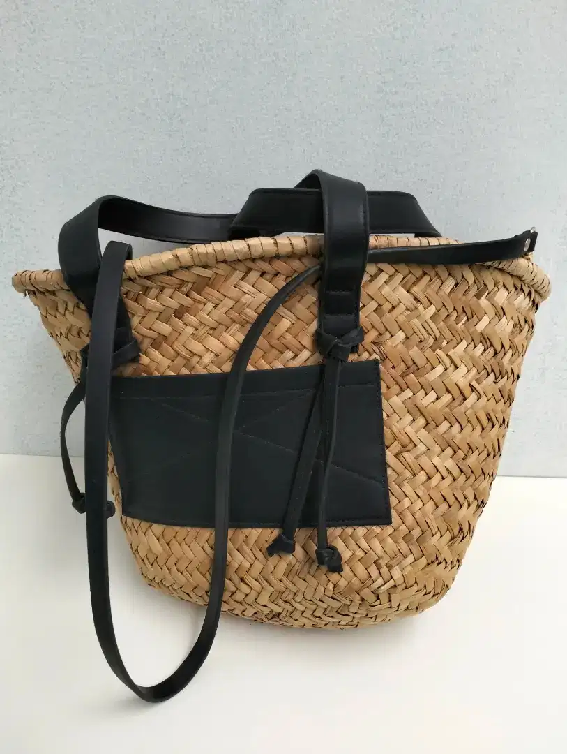 Mango Elia Double Strap Straw Bag Black Strap