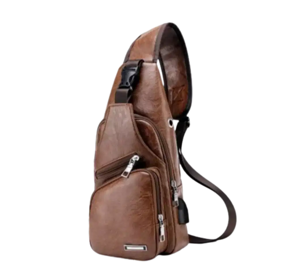 Tas selempang pria kulit with USB kabel HITAM