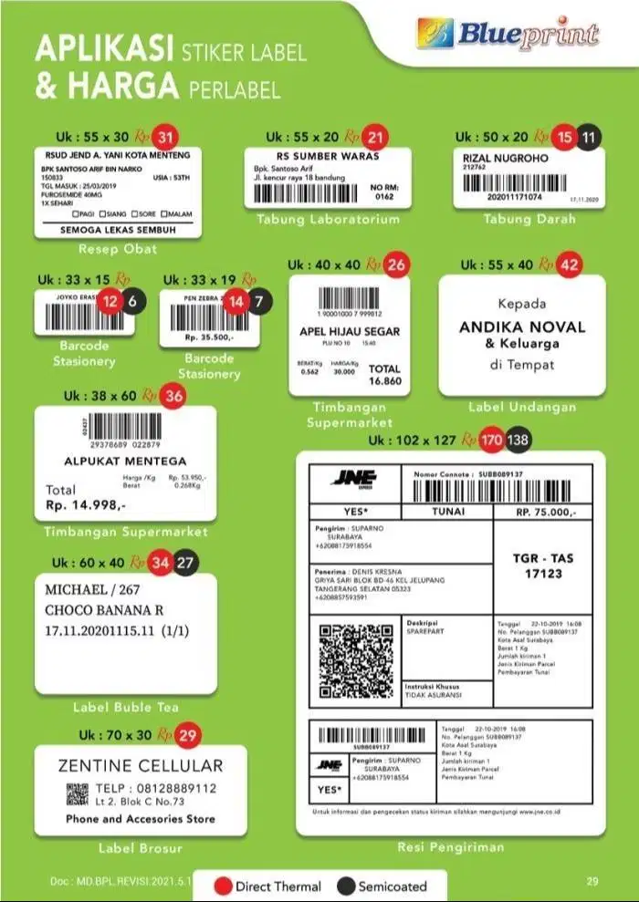 Blueprint DTS Direct Thermal Sticker Label Harga Resi Olshop A6 Kurir