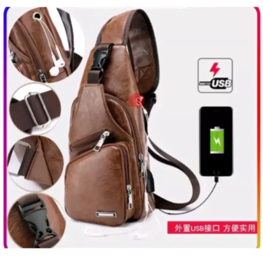 MUMER tas selempang pria kulit with usb cable