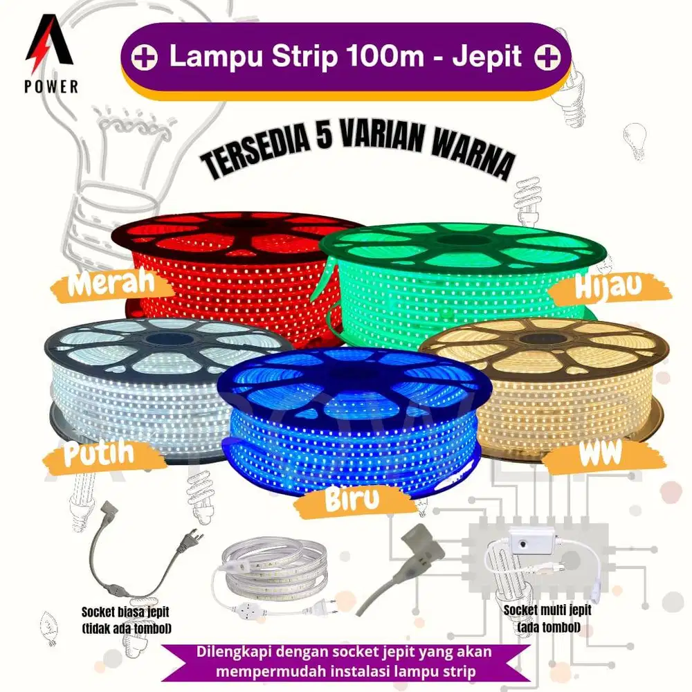 Lampu LED Strip Selang Jepit - 100m (Warm White, Putih, Biru, Merah, H
