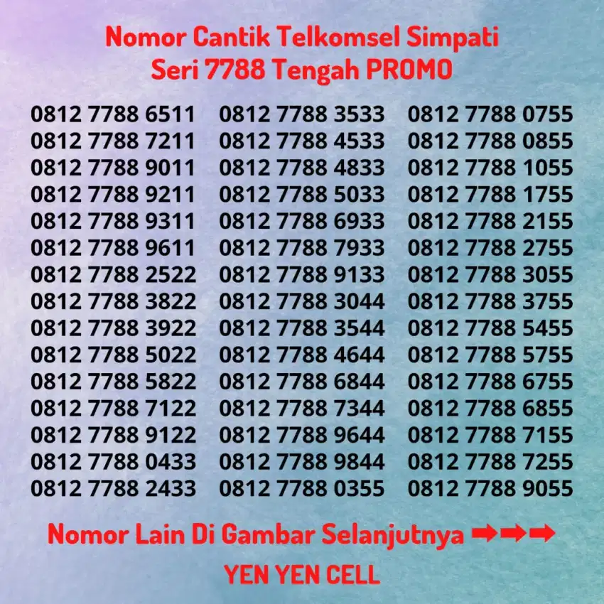 Nomor Cantik Kartu Perdana Telkomsel Simpati Seri 7788 XXAA Rapi Murah