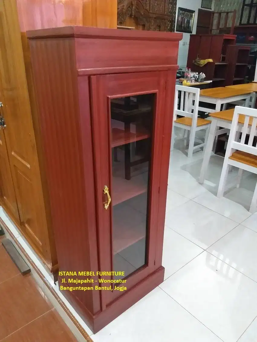 Lemari Almari Rak Kaca Buku Dokumen Arsip Helm Display 1 Pintu Kayu #A