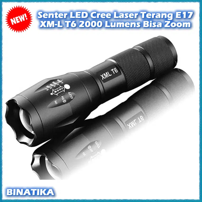 Senter LED Cree Laser Terang E17 XM-L T6 2000 Lumens Bisa Zoom